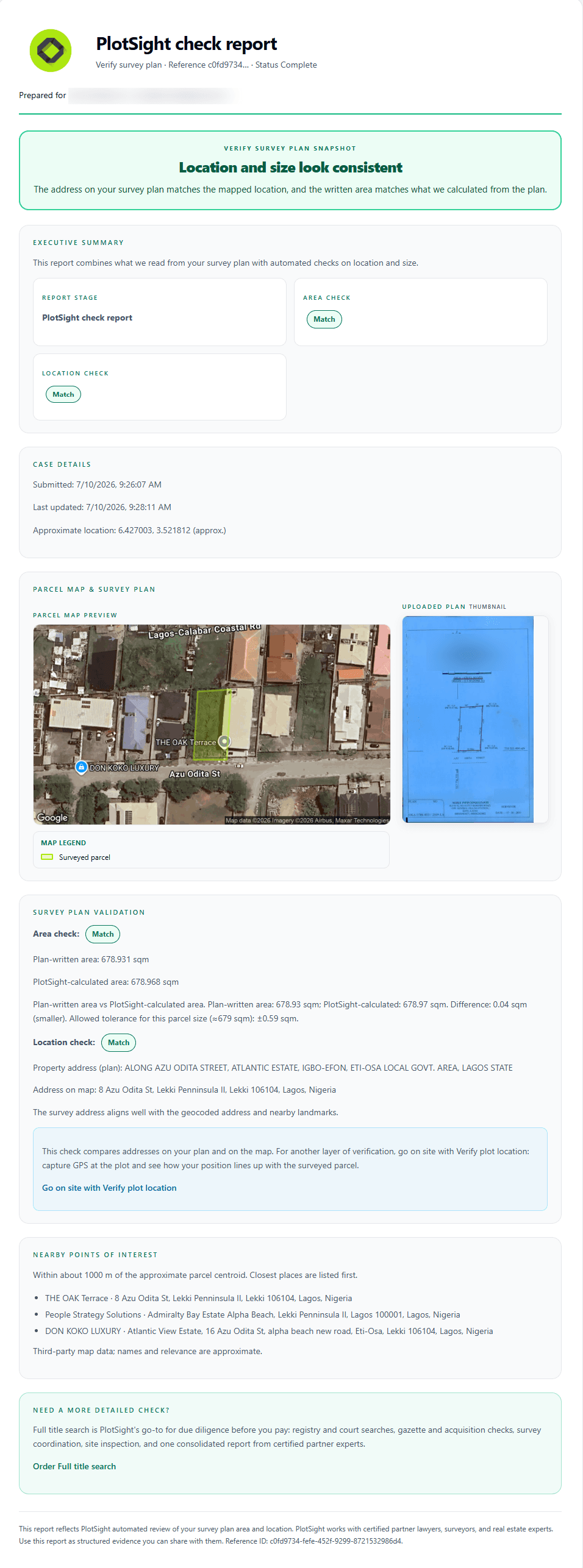 Sample PlotSight report showing a verified survey plan check