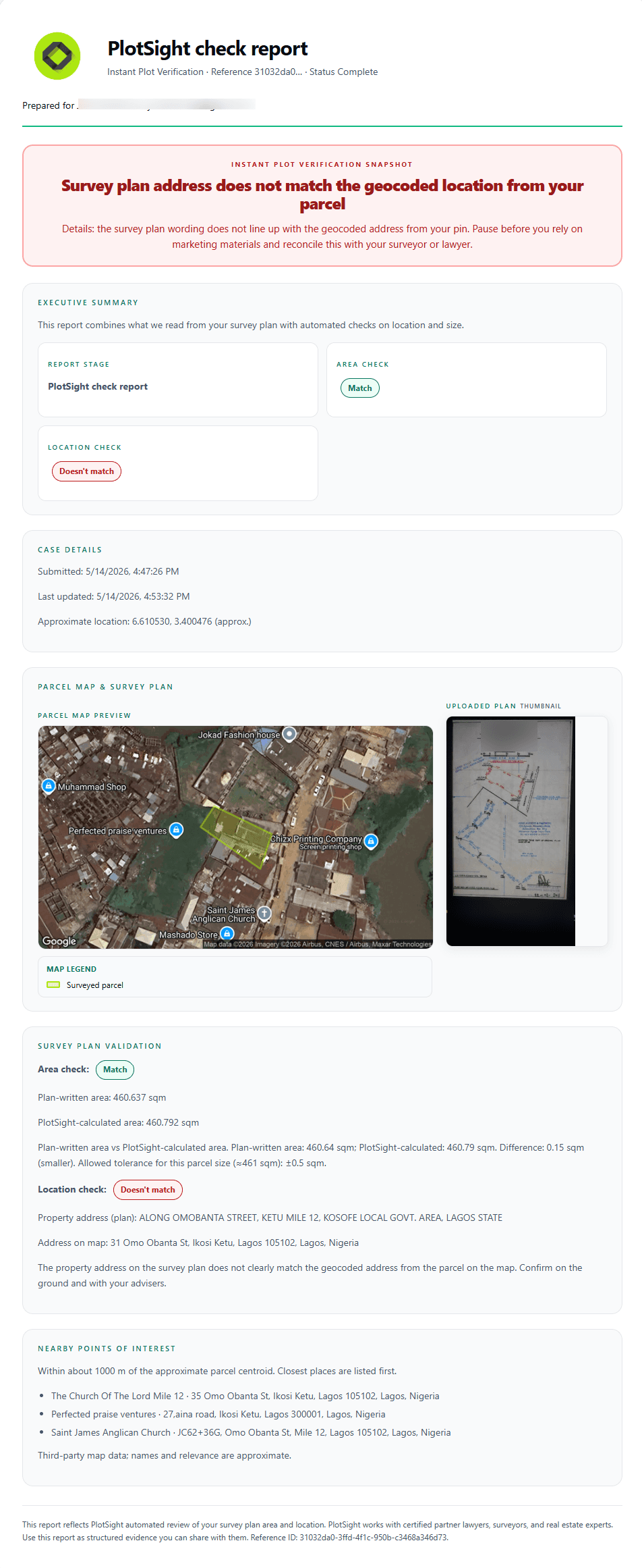 Sample PlotSight report flagging unsafe survey plan verification