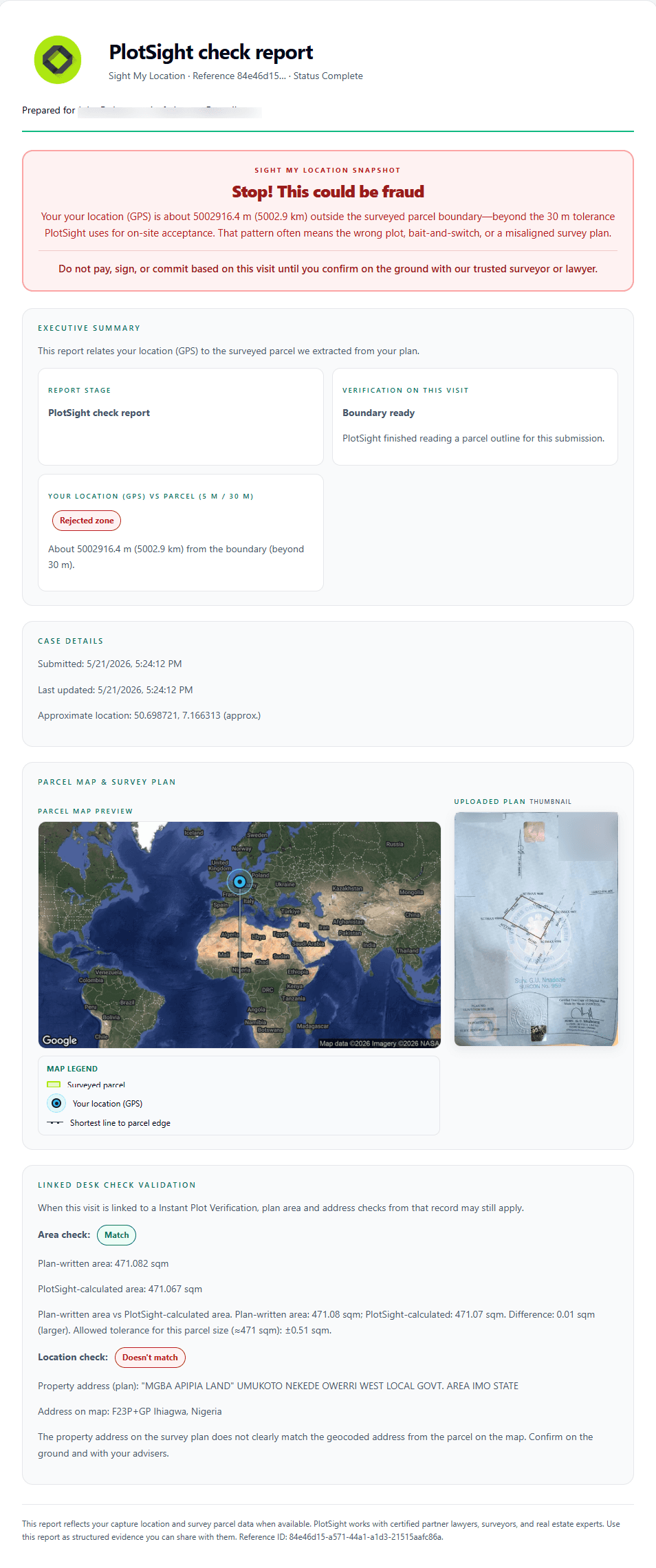 Sample PlotSight report showing GPS and survey plan mismatch at the plot